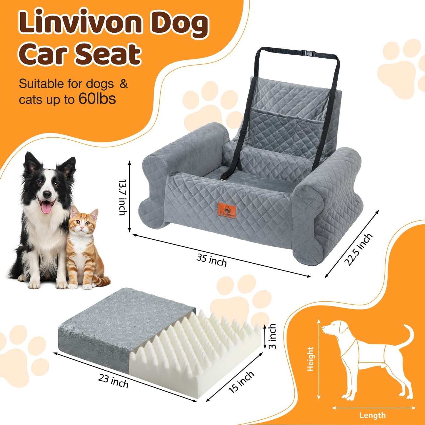 Dog Car Seat for Medium/Large Dogs up to Memory Foam Dog Booster Seat