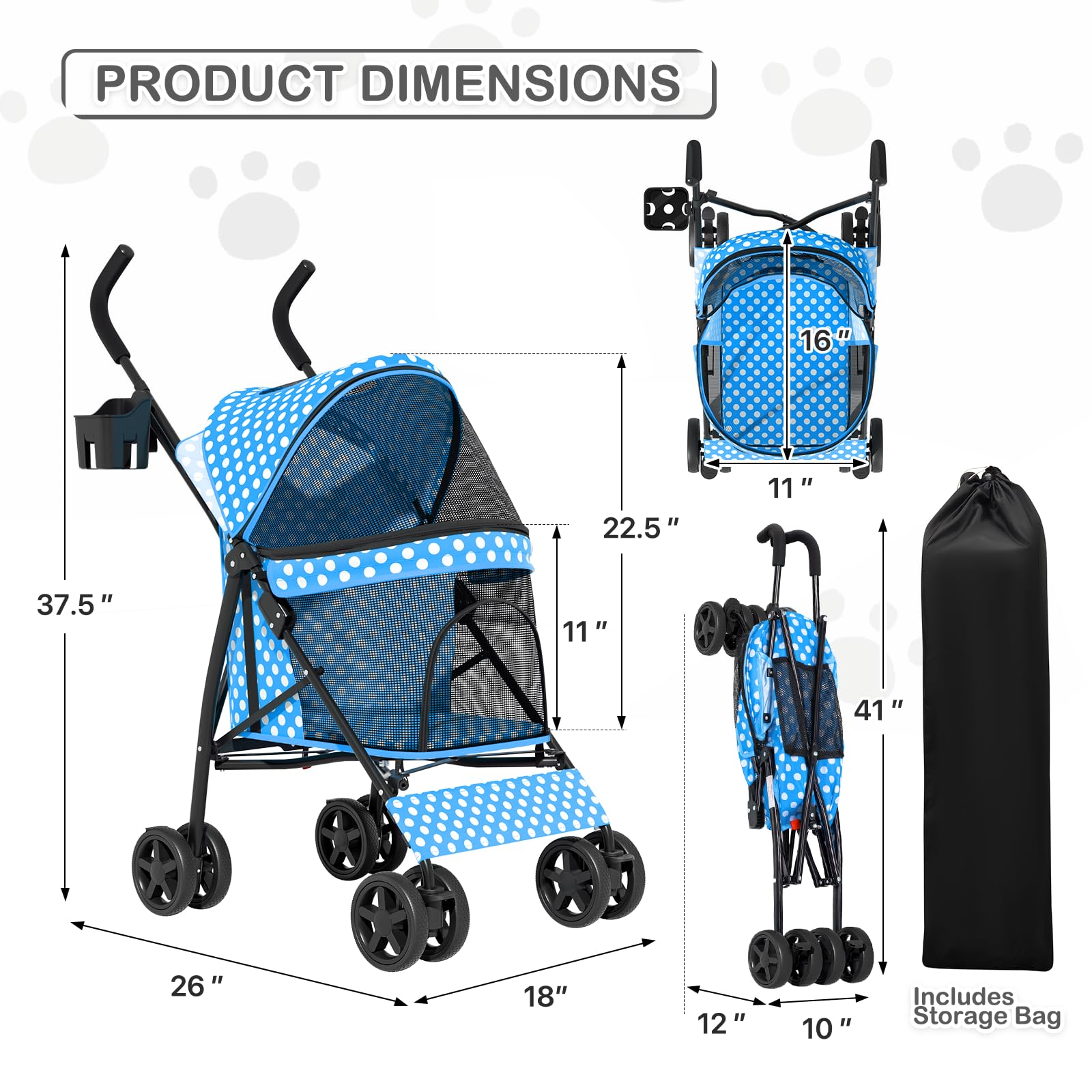 MoNiBloom 4 Wheels Pet Stroller, Easy-Fold Umbrella Shaped Bag