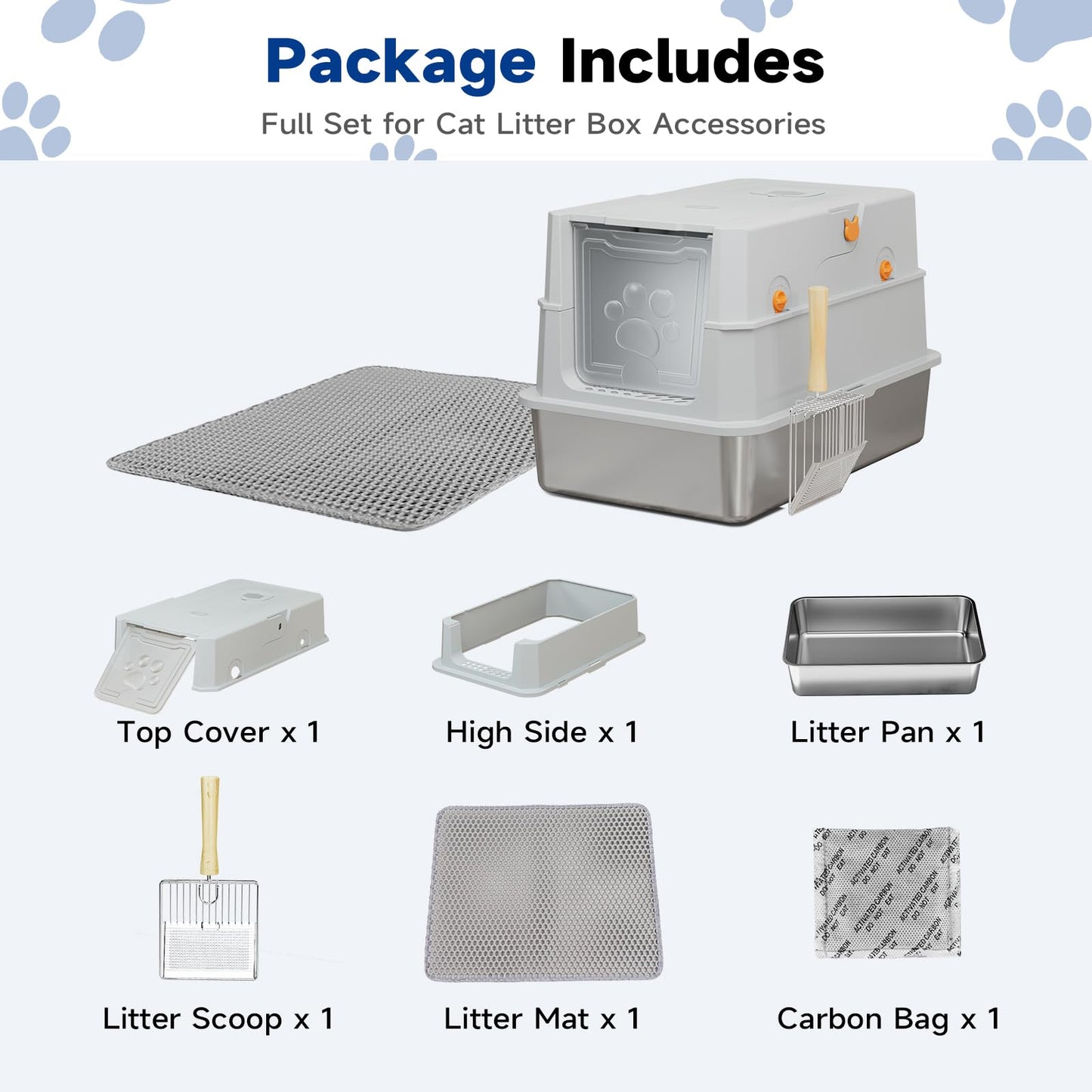 TENTIZON Stainless Steel Cat Litter Box with Lid, Large Covered Mat