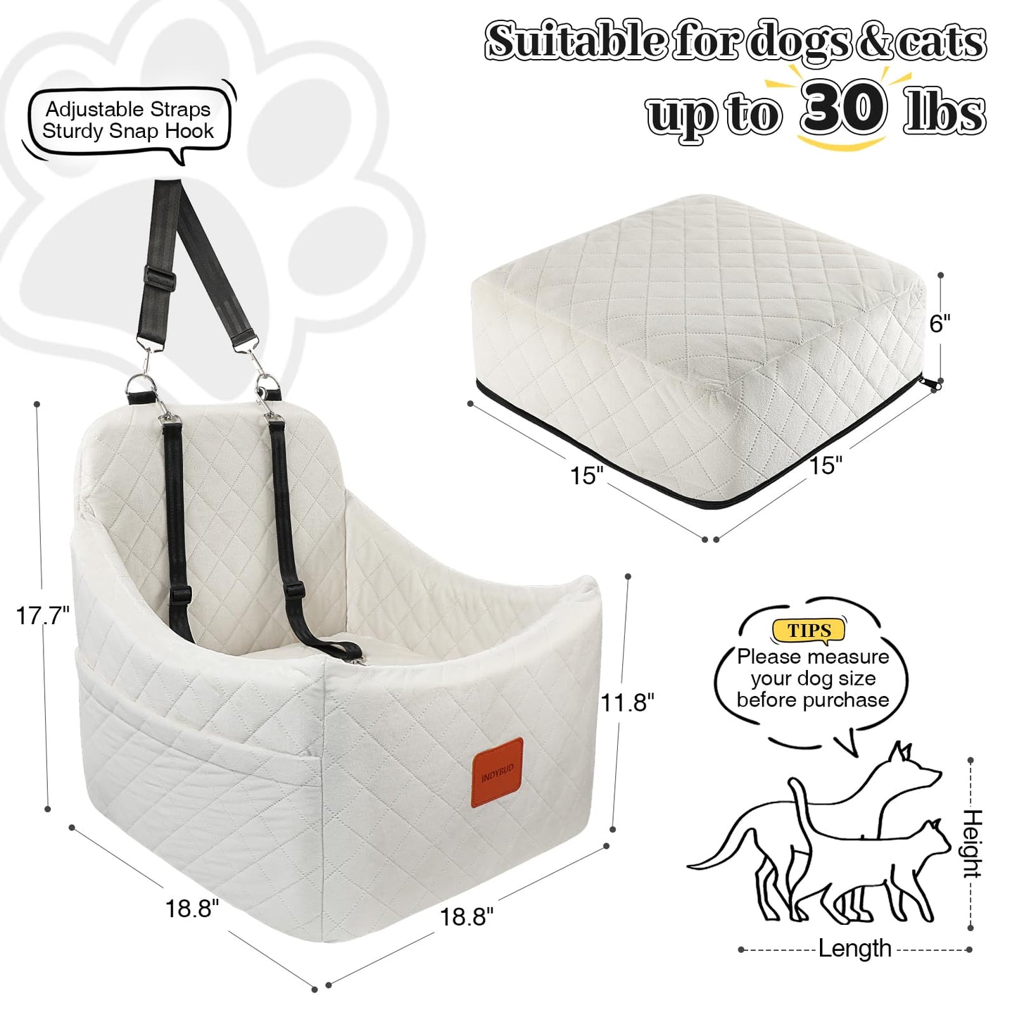 INDYBUD Dog Car Seat for Dogs up to Small Medium Dog Booster Seat