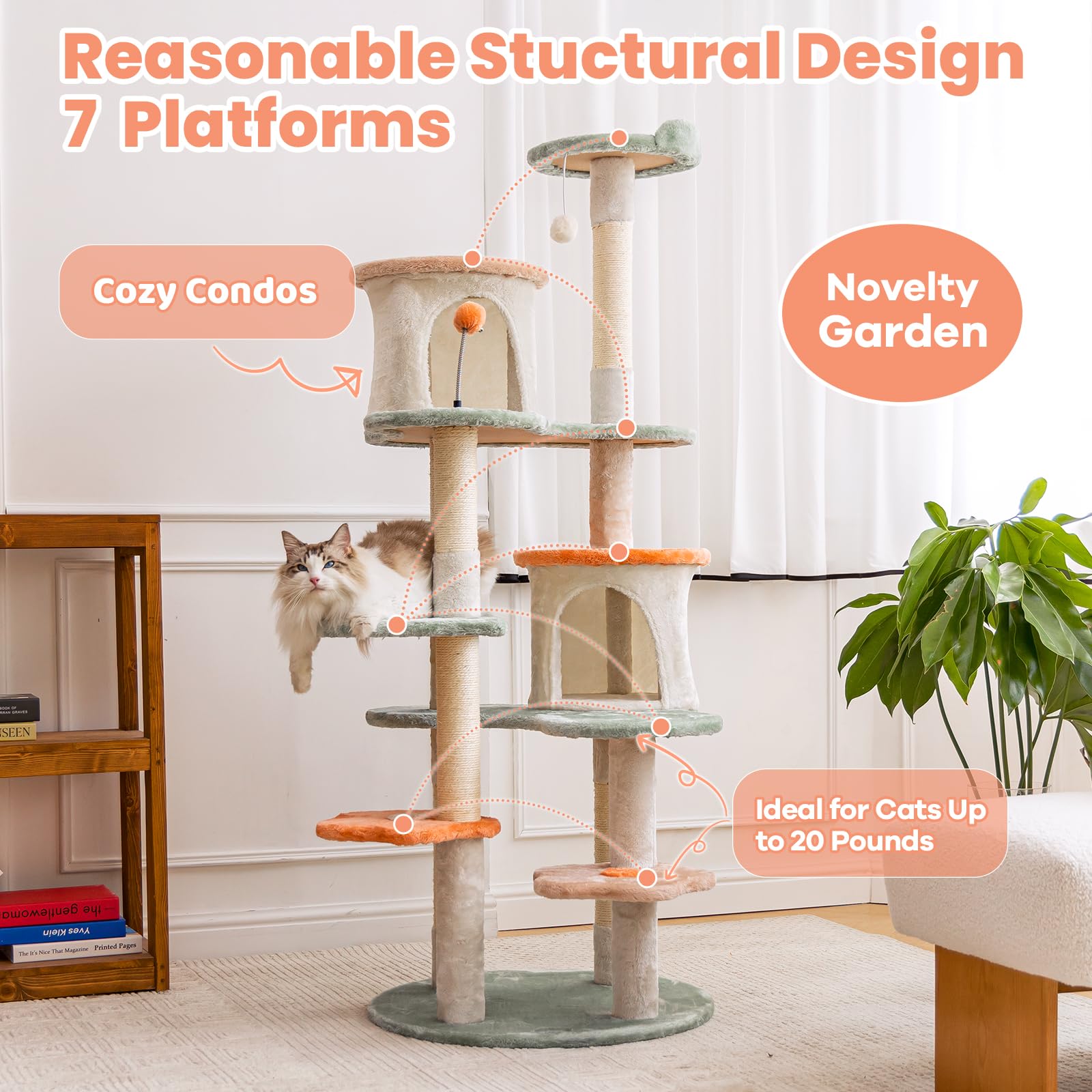 HYABi 63-inch Cat Tree for Large Cats, Multi-Level Flower Tower Balls