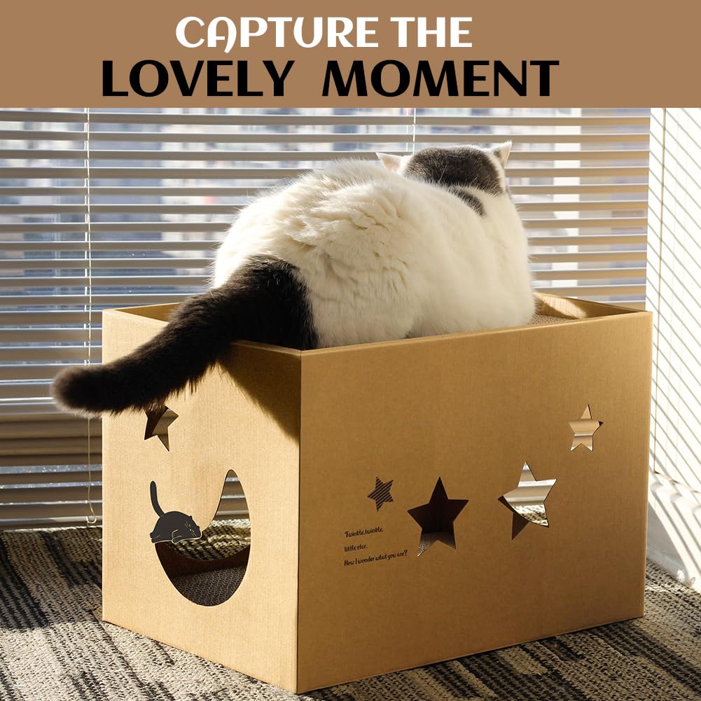 Cat Cardboard House with 2 PCS Scratching Pads，Large Cat House