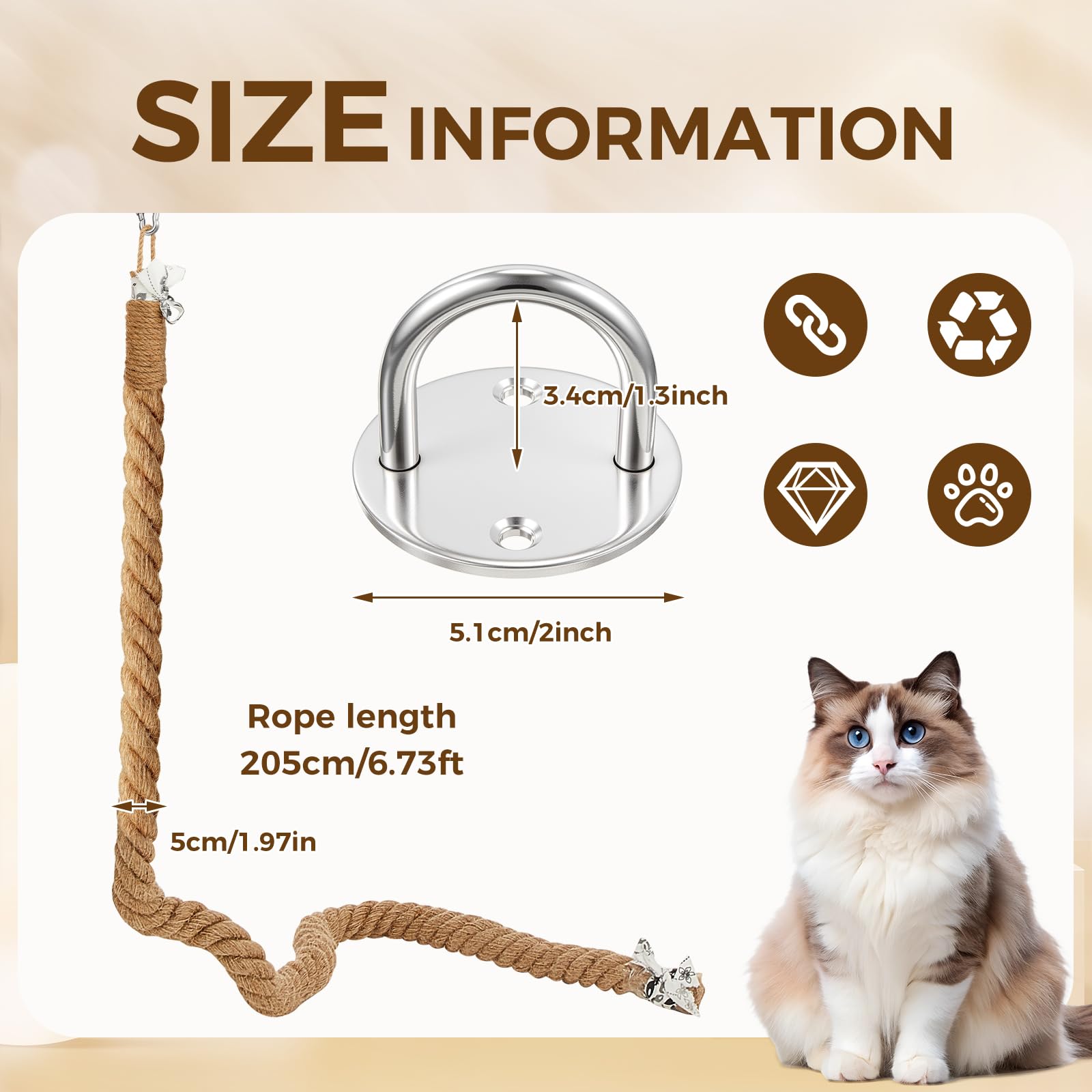 Weysat 1.97'' x Cat Climbing Jute Rope with Hook Ceiling Wall Toy