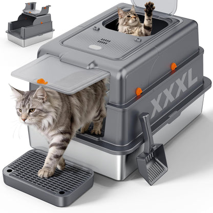 FURTIME XXXL Extra Large Stainless Steel Litter Box with Lid, Box