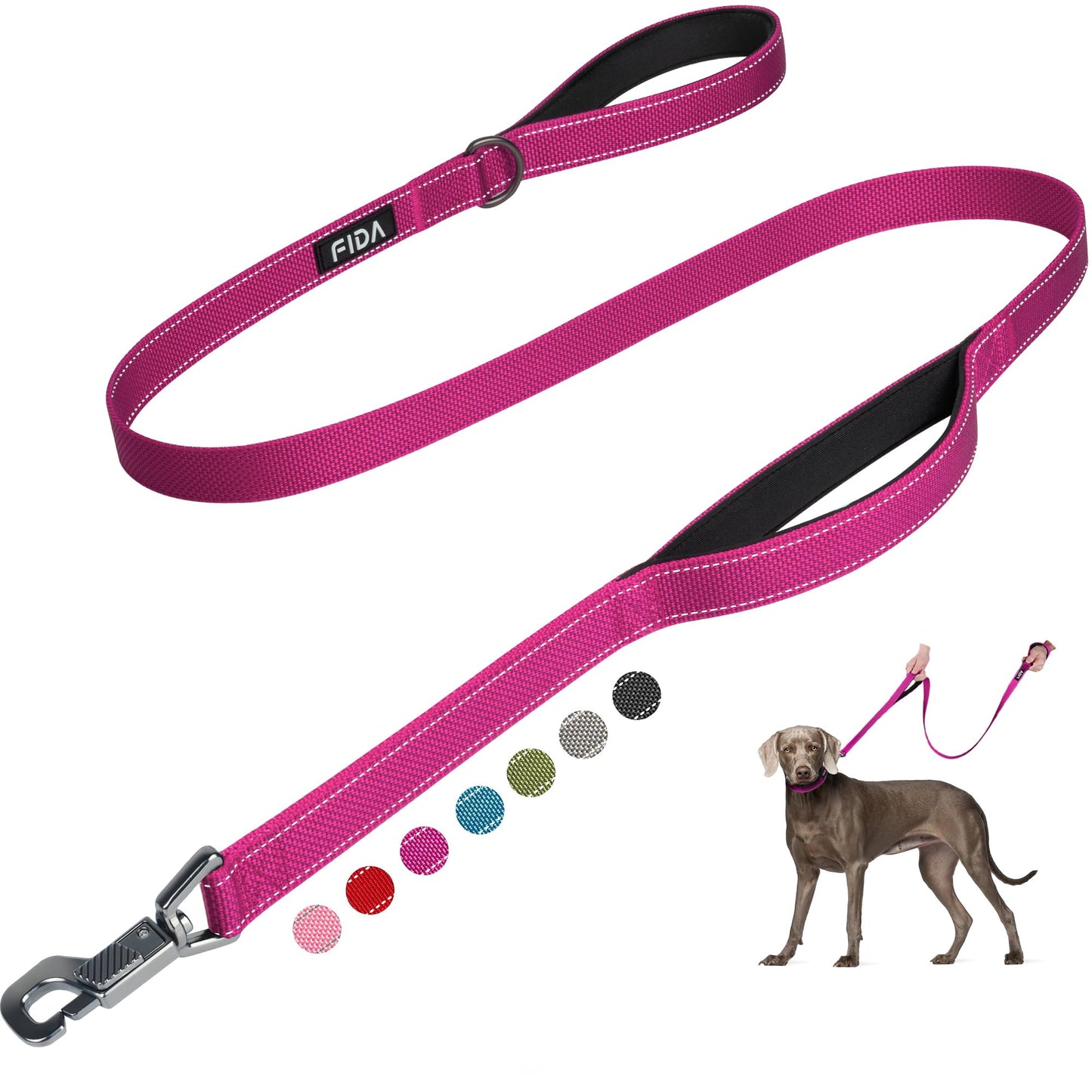 Fida Heavy Duty Dog Leash with 2 Comfortable Padded Handles, Hook