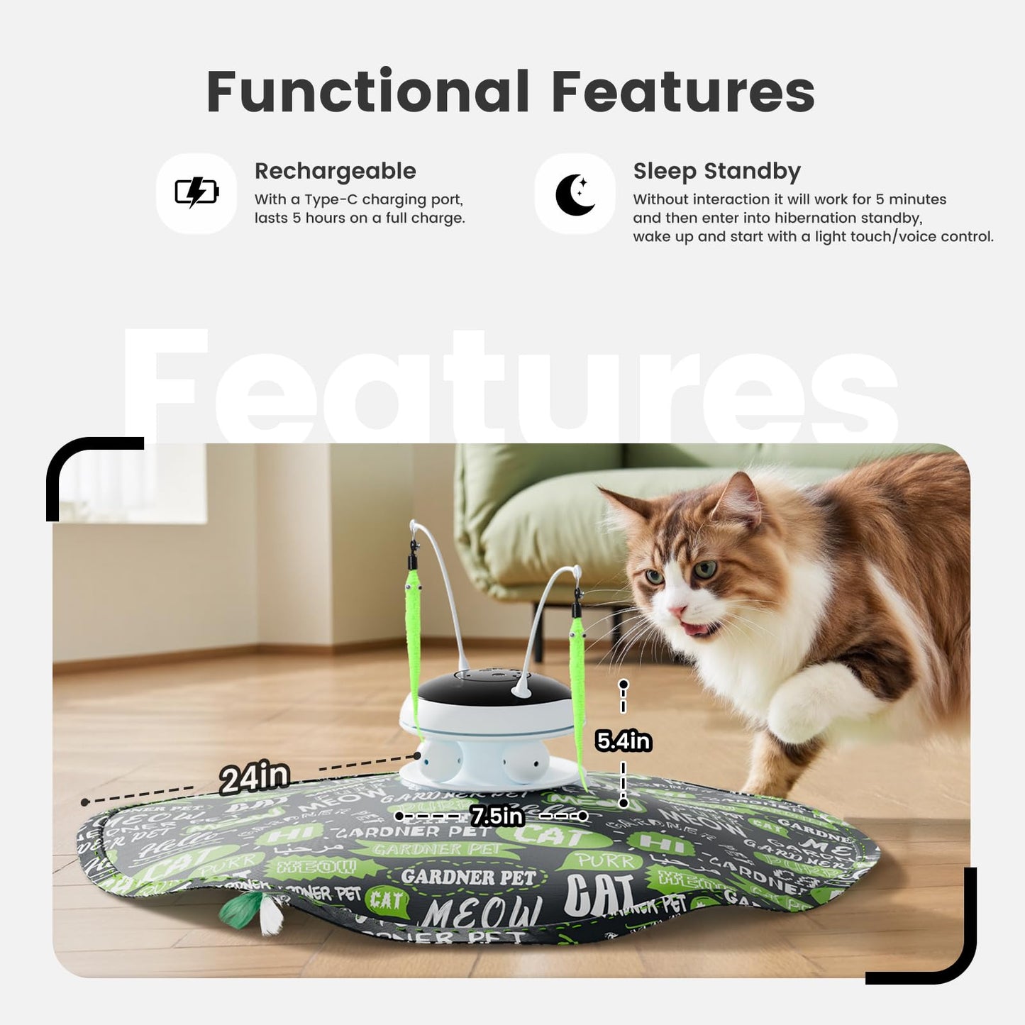 Interactive 5in1 Cat Toys Chargeable,Moving Feather,laser Toys