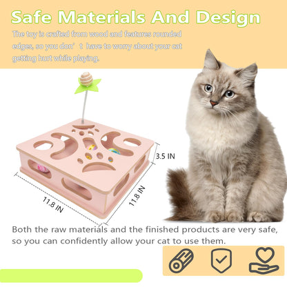 MUCAOL Interactive Wooden Cat Puzzle Toy Box Indoor Hunting Play Toy