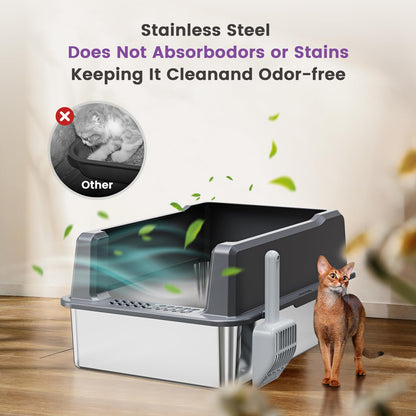 Extra Large XXL Stainless Steel Cat Litter Box with Lid, 26" L x Box