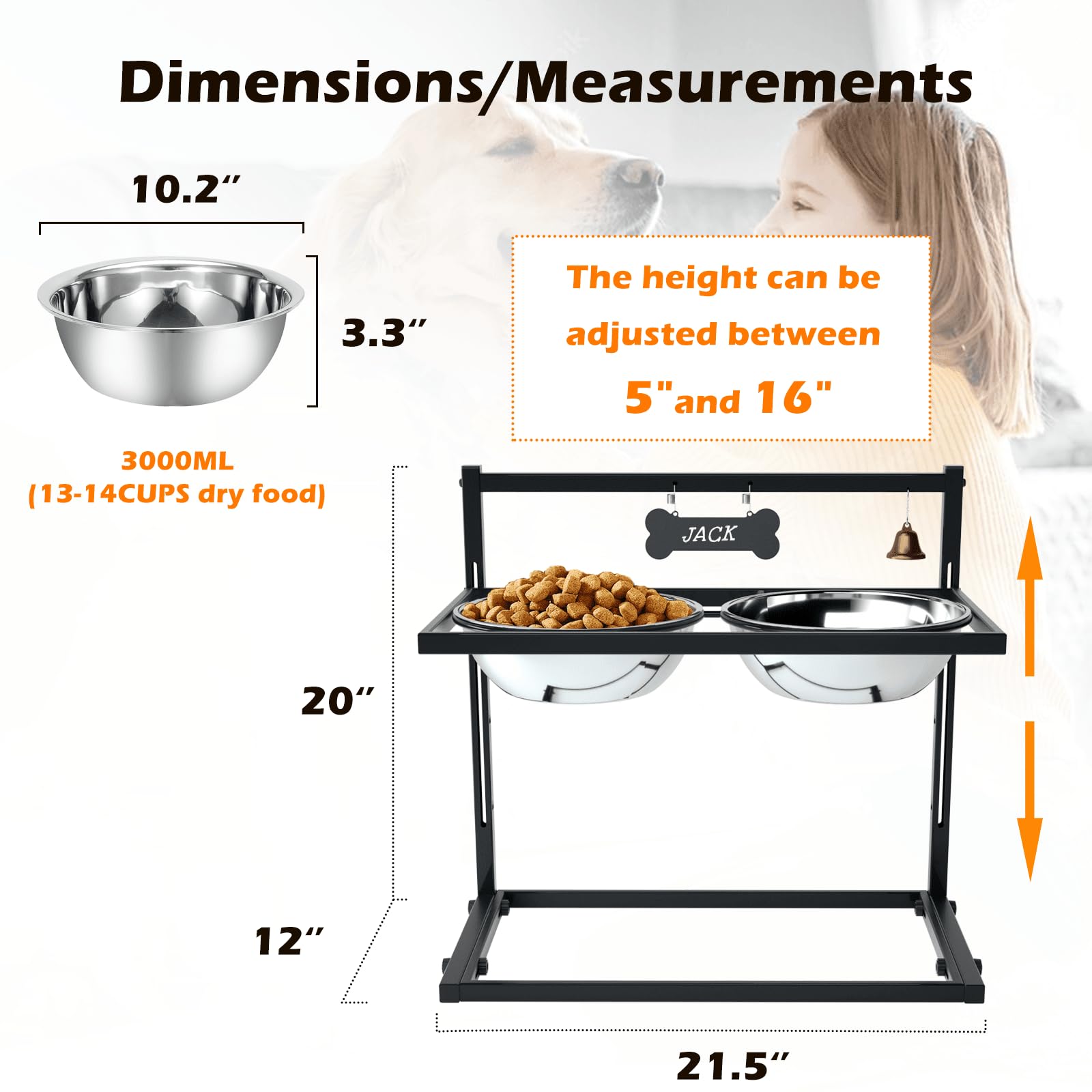 SHAINFUN Elevated Dog Feeder for Large Breeds, Adjustable Height Bowl