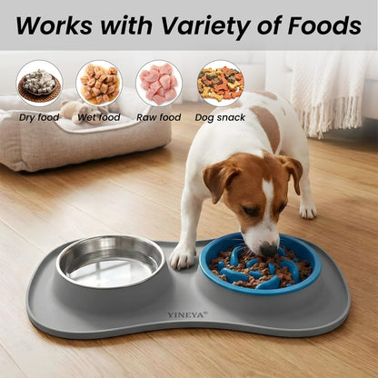 YINEYA Slow Feeder Dog Bowls Stainless Steel Food and Water Bowl Mat