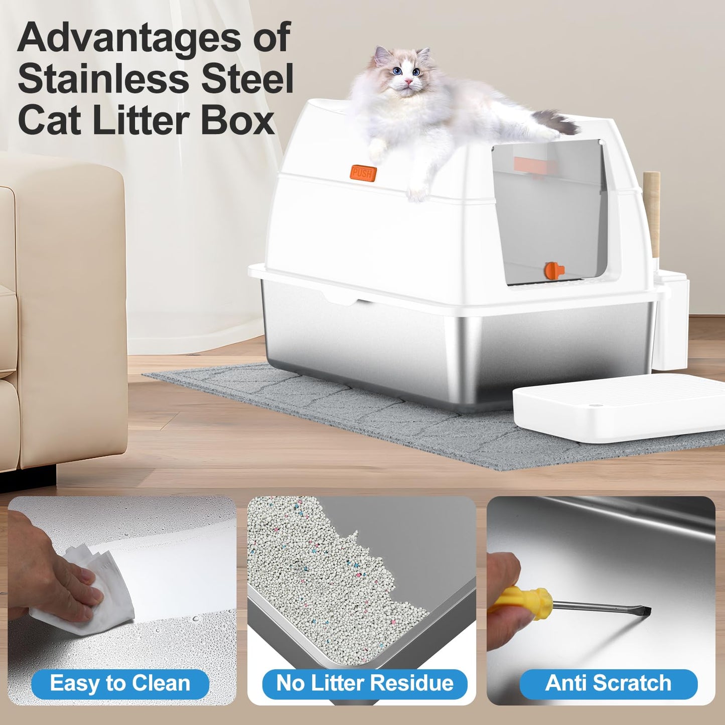 Stainless Steel Litter Box with Lid,Extra Large Enclosed Removable Box