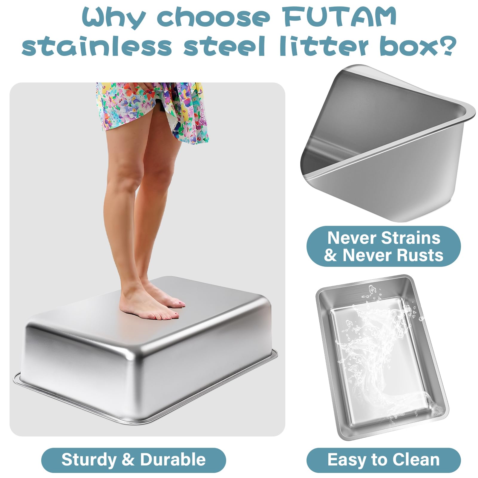 Stainless Steel Litter Box, x13. x6" Medium to Large Metal Litter Box