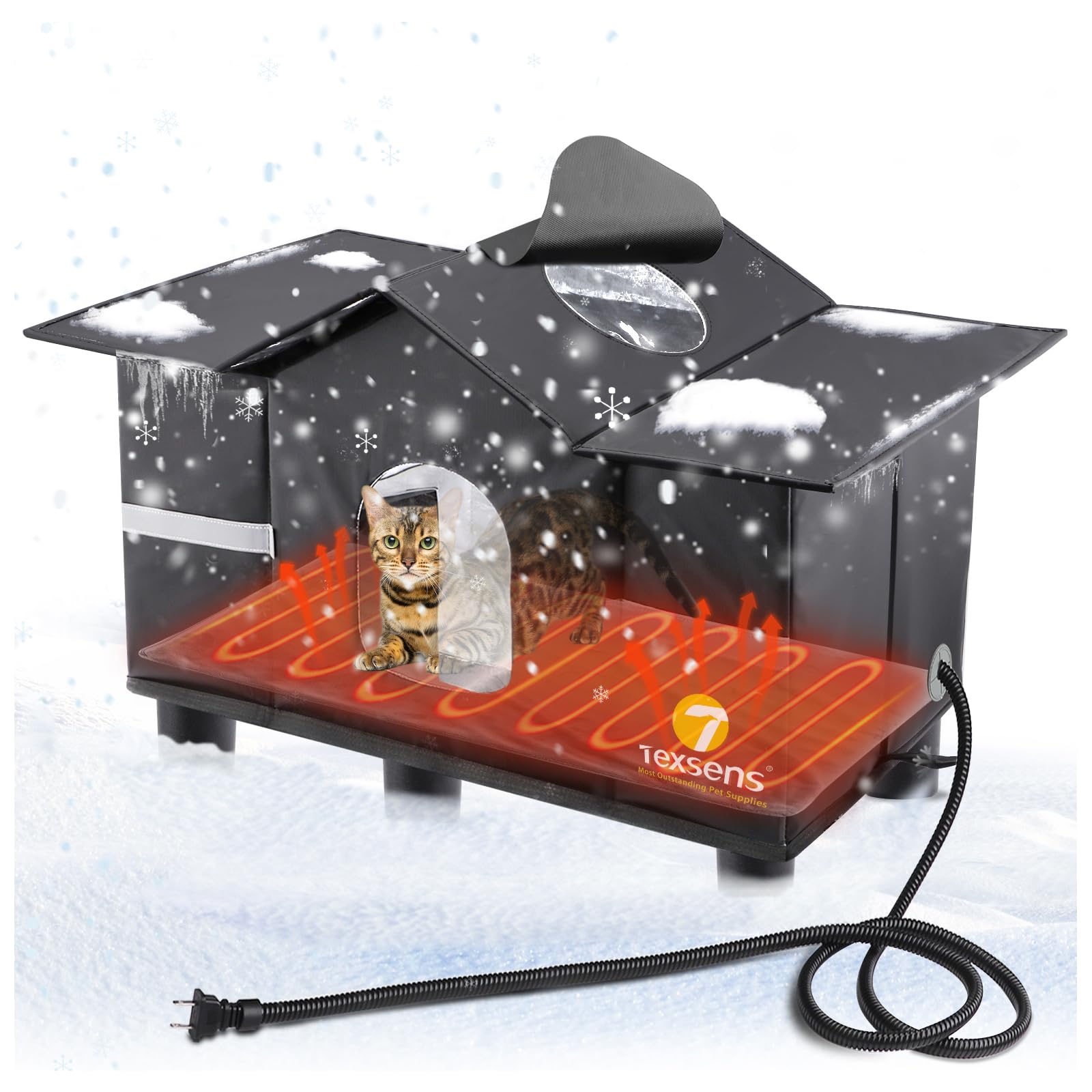 Texsens Heated Cat House for Outside Weatherproof Large Outdoor House