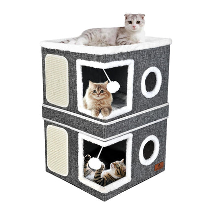 2-Story Cat House for Indoor Cats, Dual-Purpose Cave Bed with Bed
