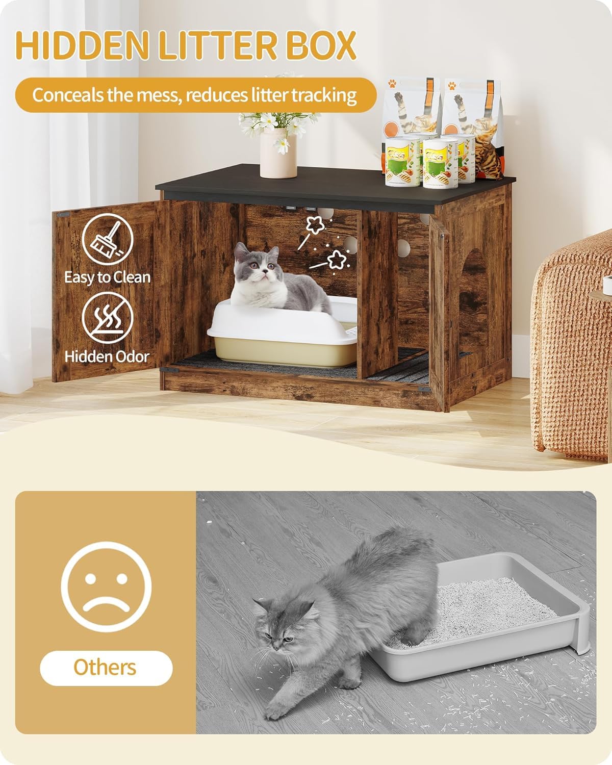 Hzuaneri Cat Litter Box Enclosure with Cushion, Hidden Litter House