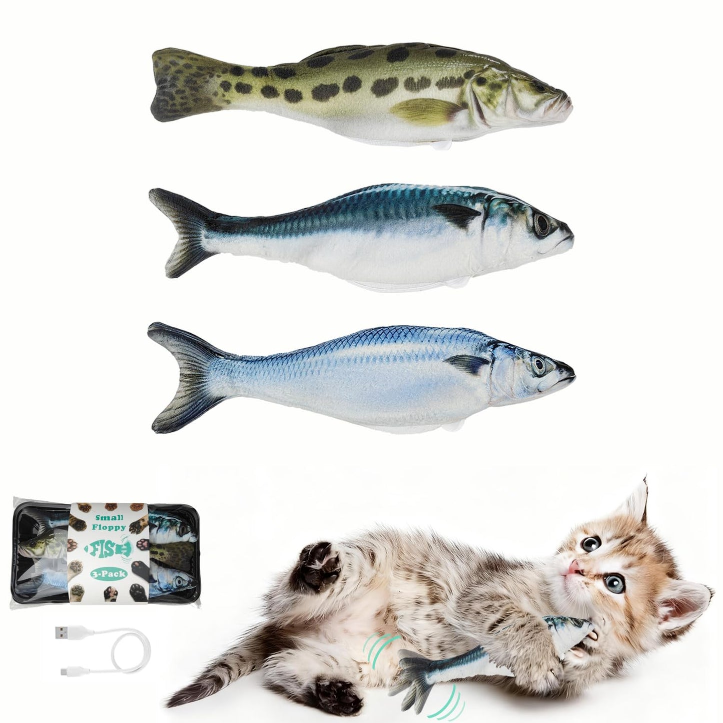 Satauko Realistic Floppy Fish Cat Toys, 3 Pack Mini-Sized, Moving Toys