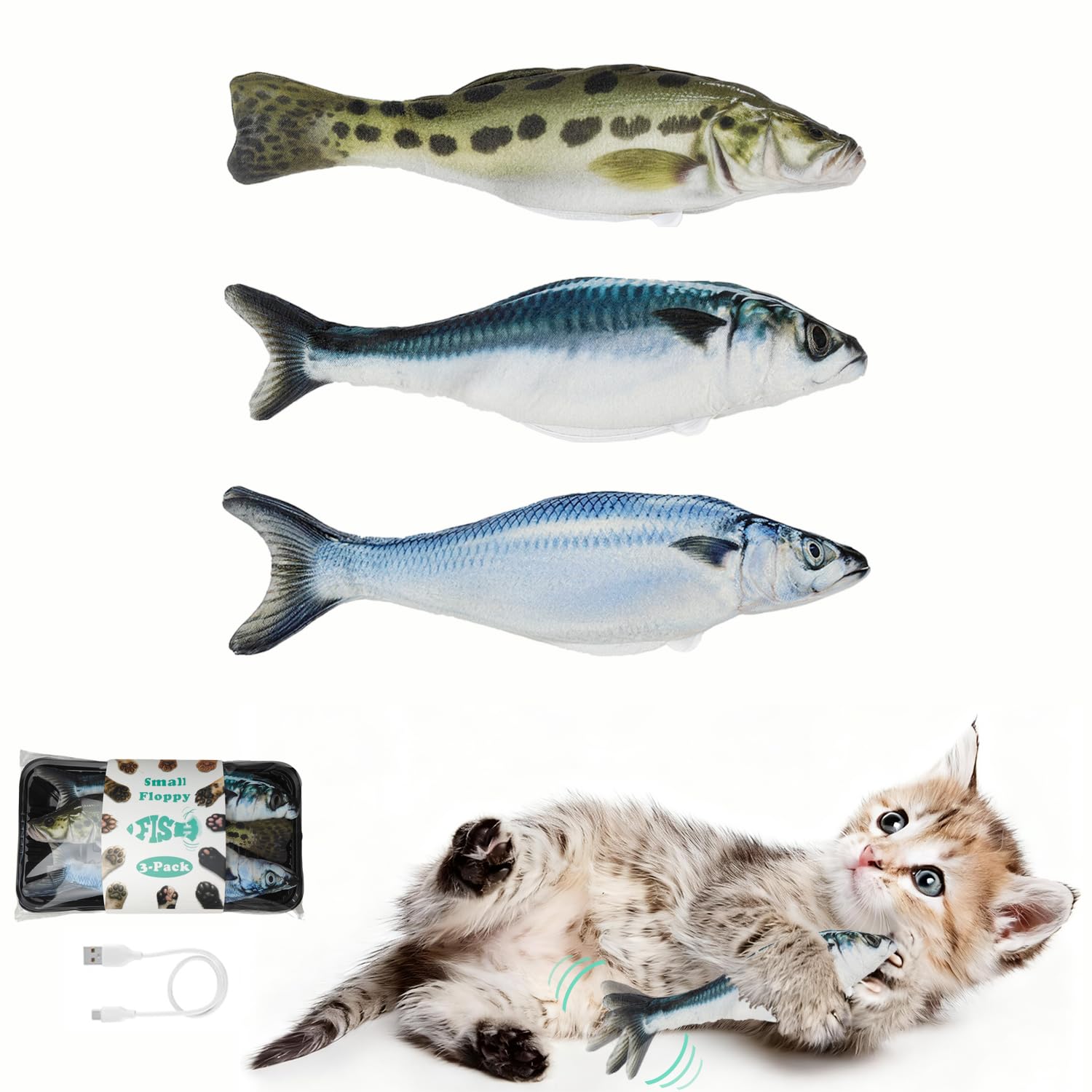 Satauko Realistic Floppy Fish Cat Toys, 3 Pack Mini-Sized, Moving Toys