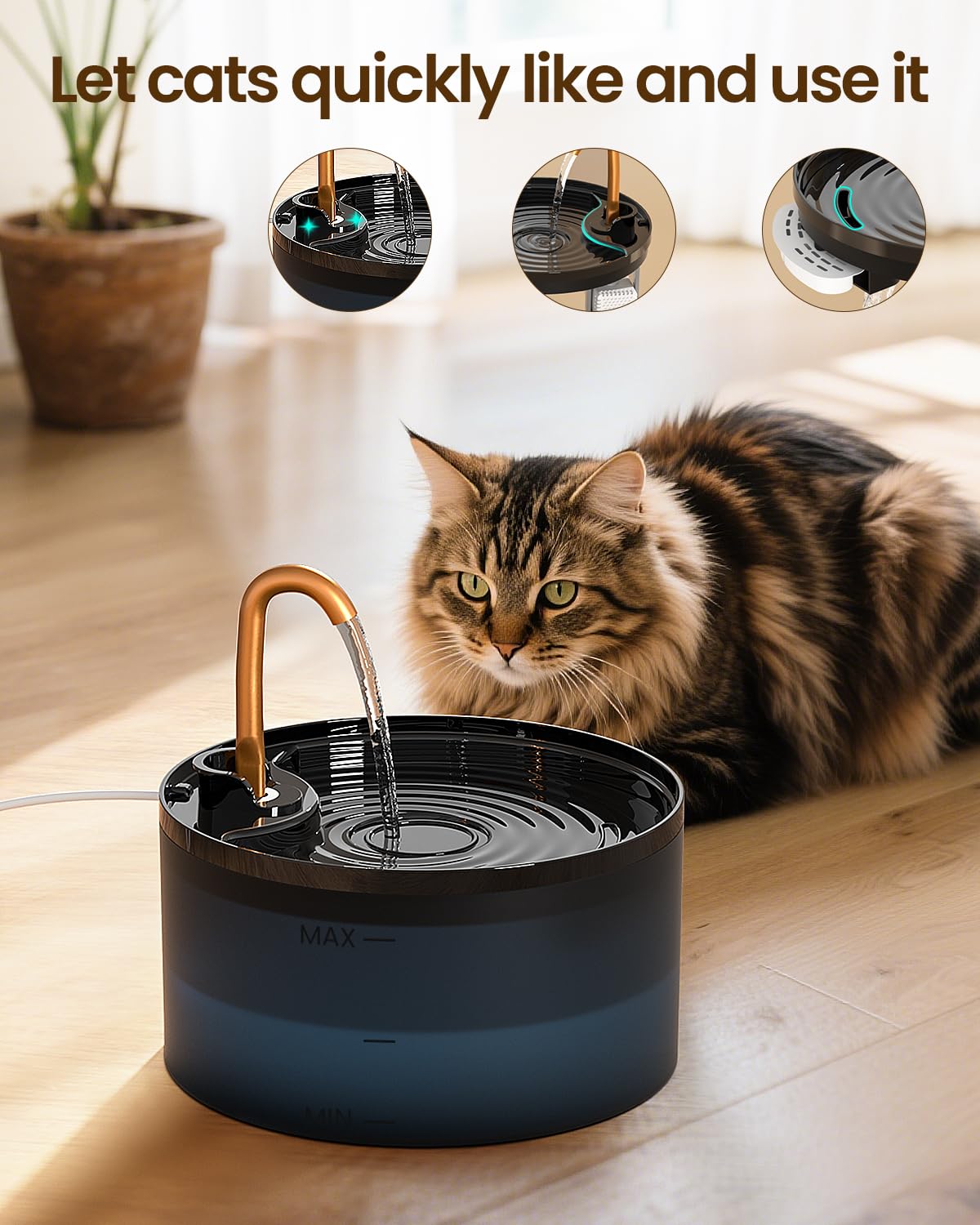 Cat Water Fountain, Cat Fountain for Drinking with Copper Faucet Bowl