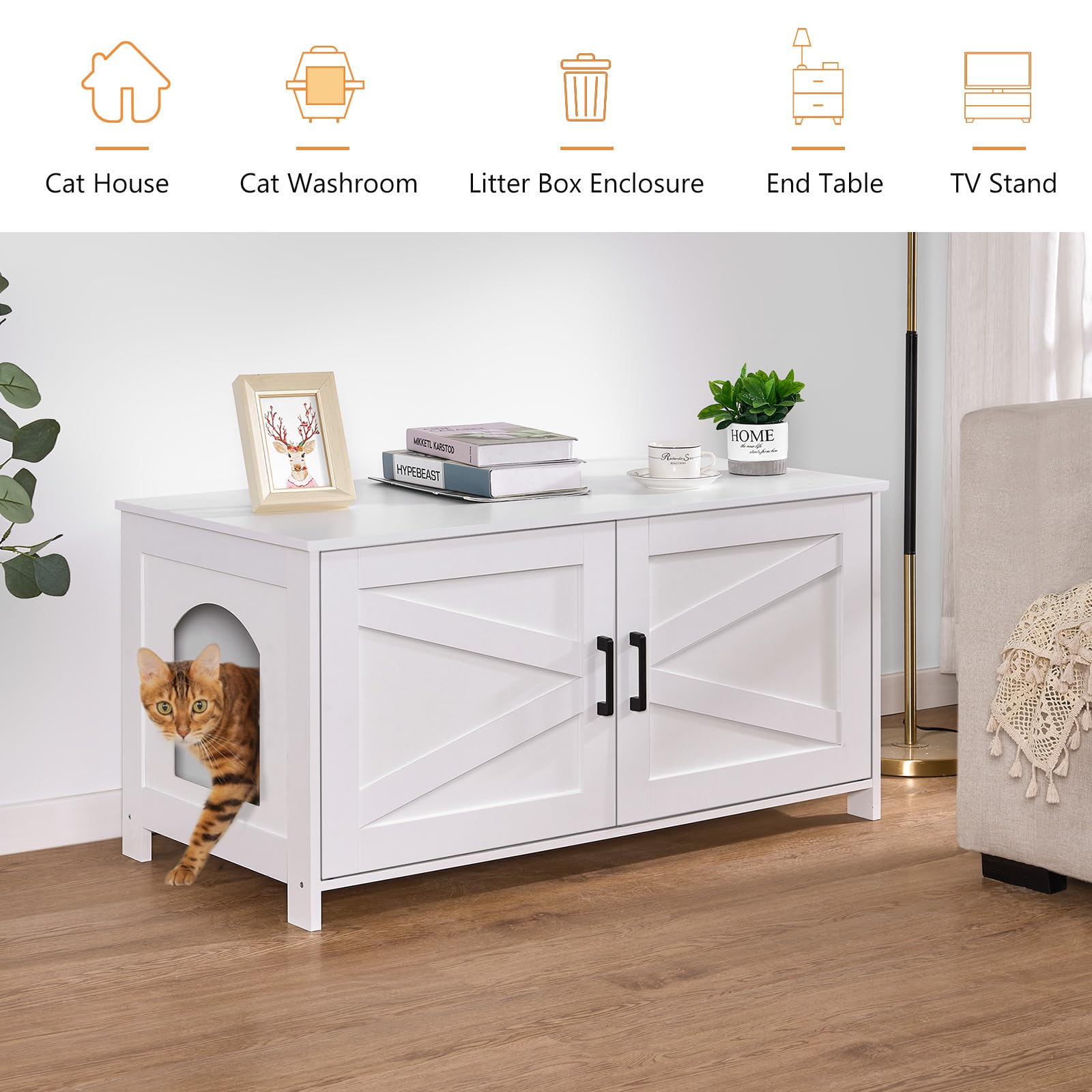 Homhedy 39.4" L Cat Litter Box Enclosure, Pet House with Barn Door Box