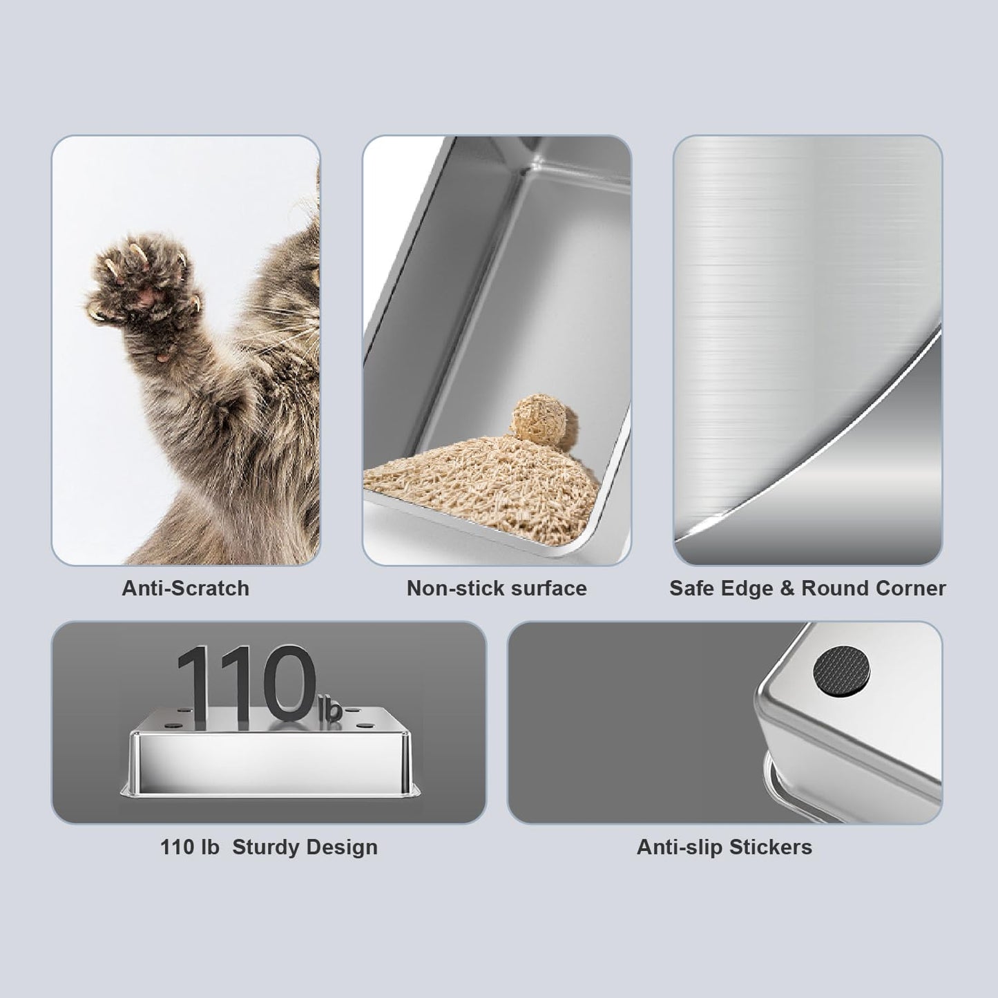 Stainless Steel Cat Litter Box, Open Top High-Sided Metal Litter Box