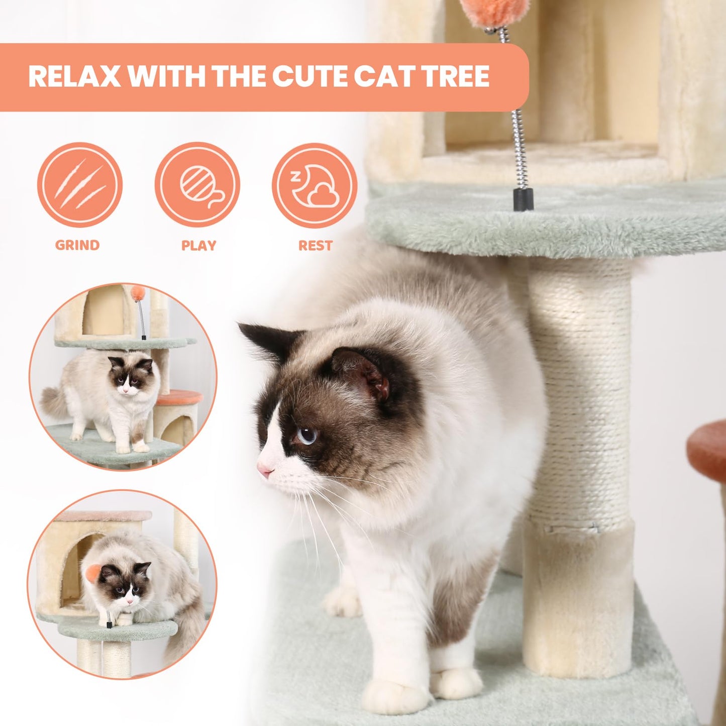 HYABi 63-inch Cat Tree for Large Cats, Multi-Level Flower Tower Balls