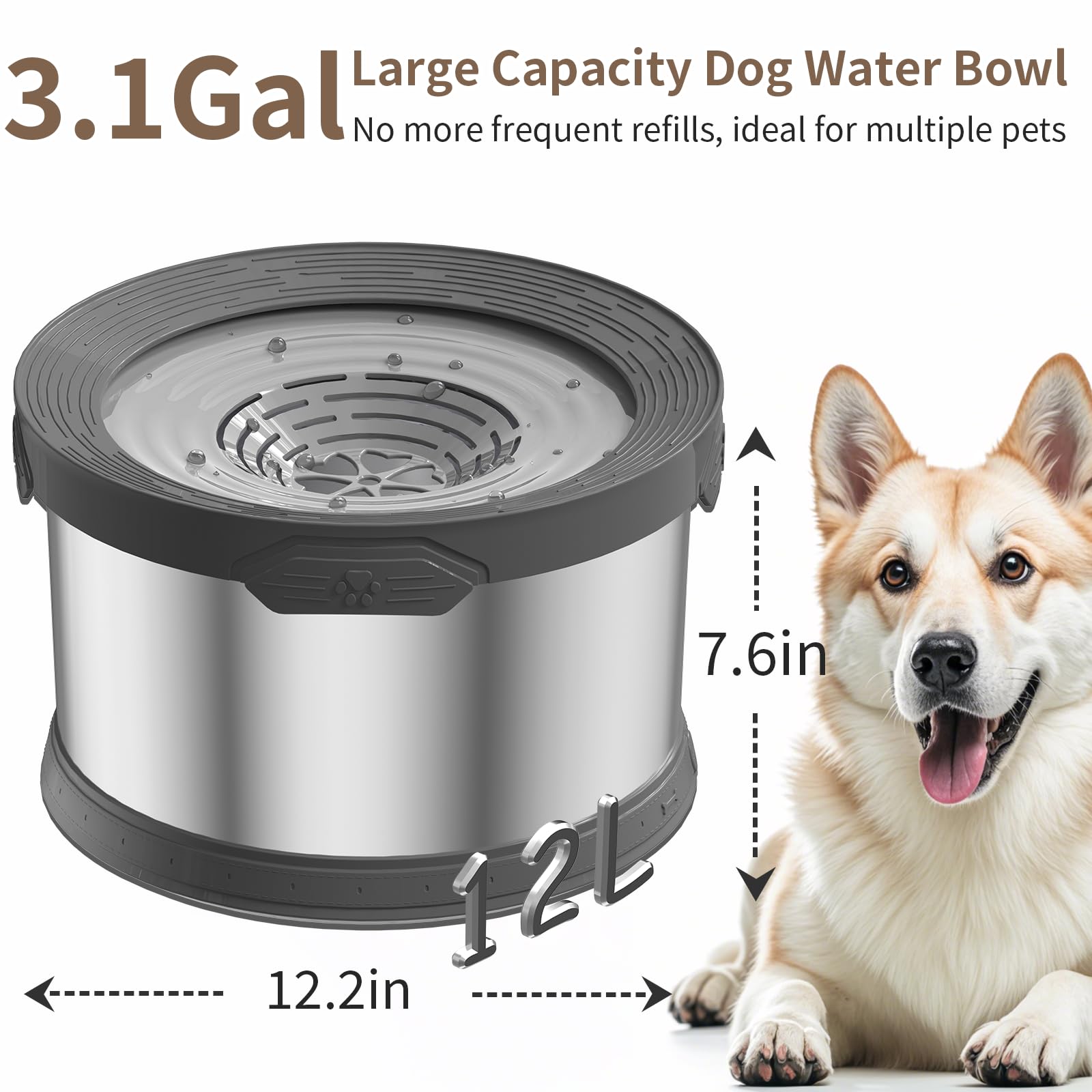 Dog Water Bowl No Spill Super Large Capacity Stainless Steel No Bowl