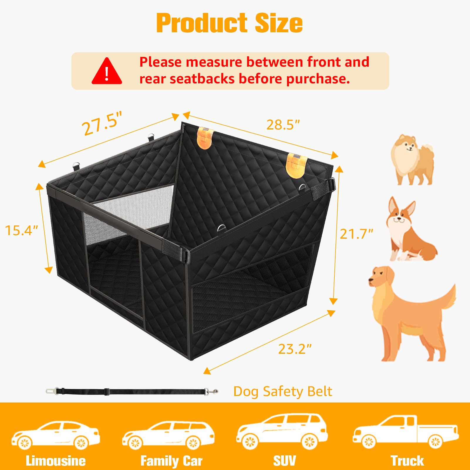 PETICON Large Dog Car Seat, Back Seat Extender for Dogs with 3 Seat