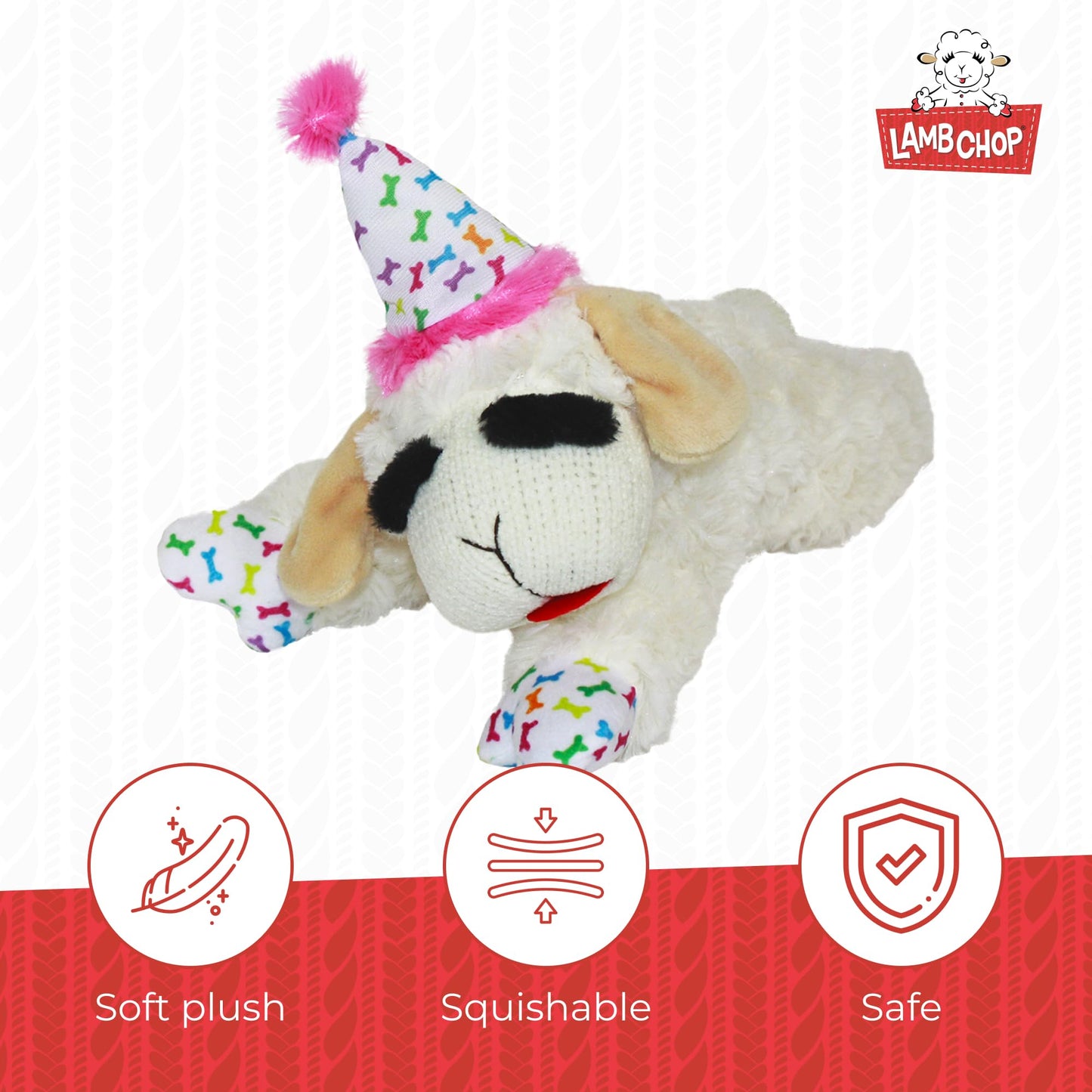 Multipet Lamb Chop Dog Plush Toy w/Birthday Hat Squeaky Toy for Plush