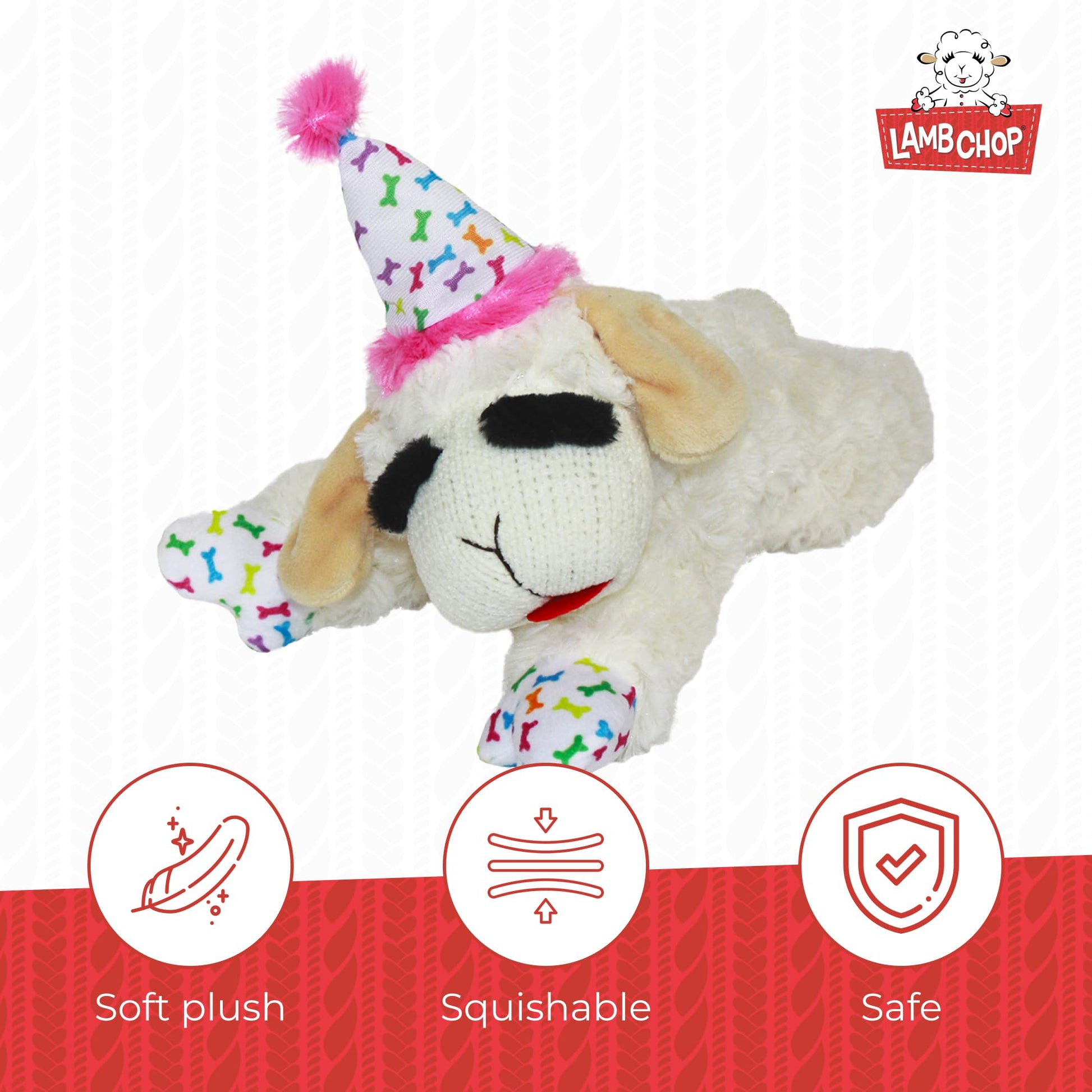 Multipet Lamb Chop Dog Plush Toy w/Birthday Hat Squeaky Toy for Plush
