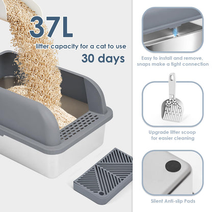 Suzzipaws Enclosed Stainless Steel Cat Litter Box with Lid Extra Tray