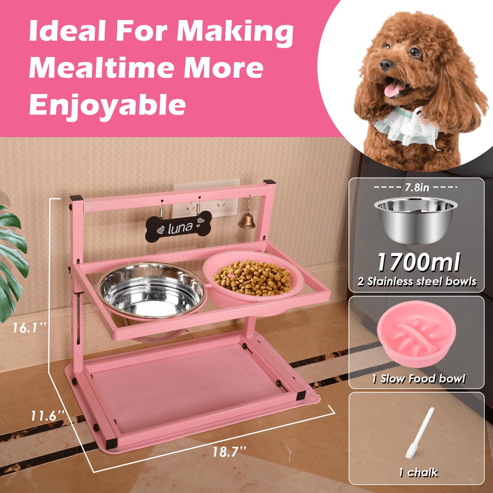SHAINFUN Elevated Dog Bowl Stand with Two Stainless Steel Food Mat
