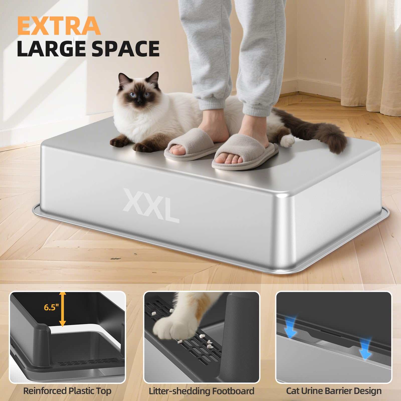 WoofiGo Enclosed Stainless Steel Cat Litter Box with Lid, XL Extra Box