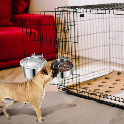 2 Pcs Large Pet Dog Food Water Bowl with Slow Feeder Insert for Cage