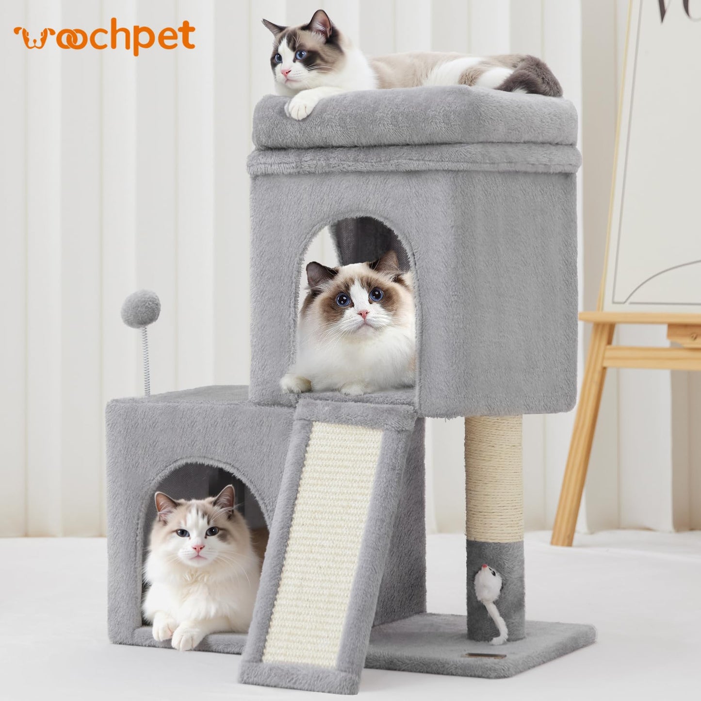 Woochpet Tall Cat Tree with 2 Cat Condo and Mouse Toy Cozy Mouse