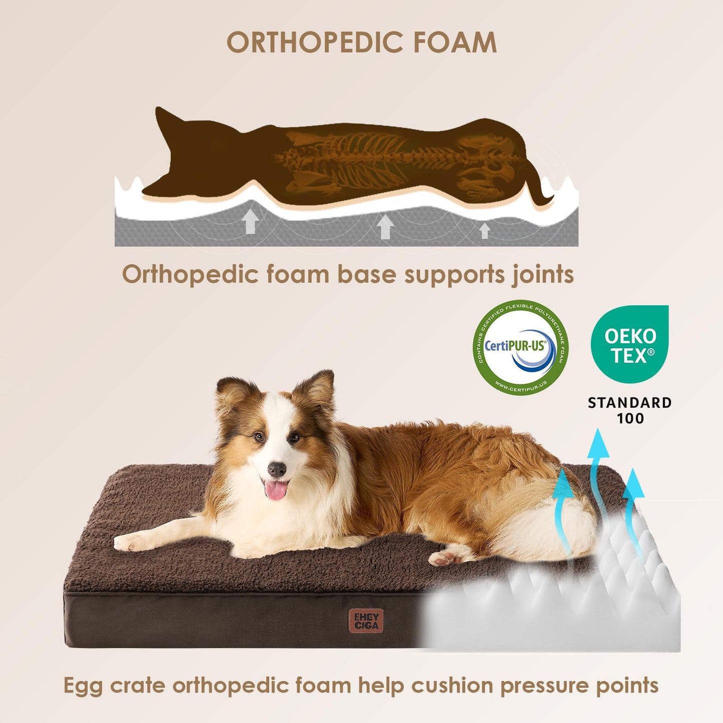 EHEYCIGA Orthopedic Foam Dog Bed for Large Dogs, L x W x Th Bed