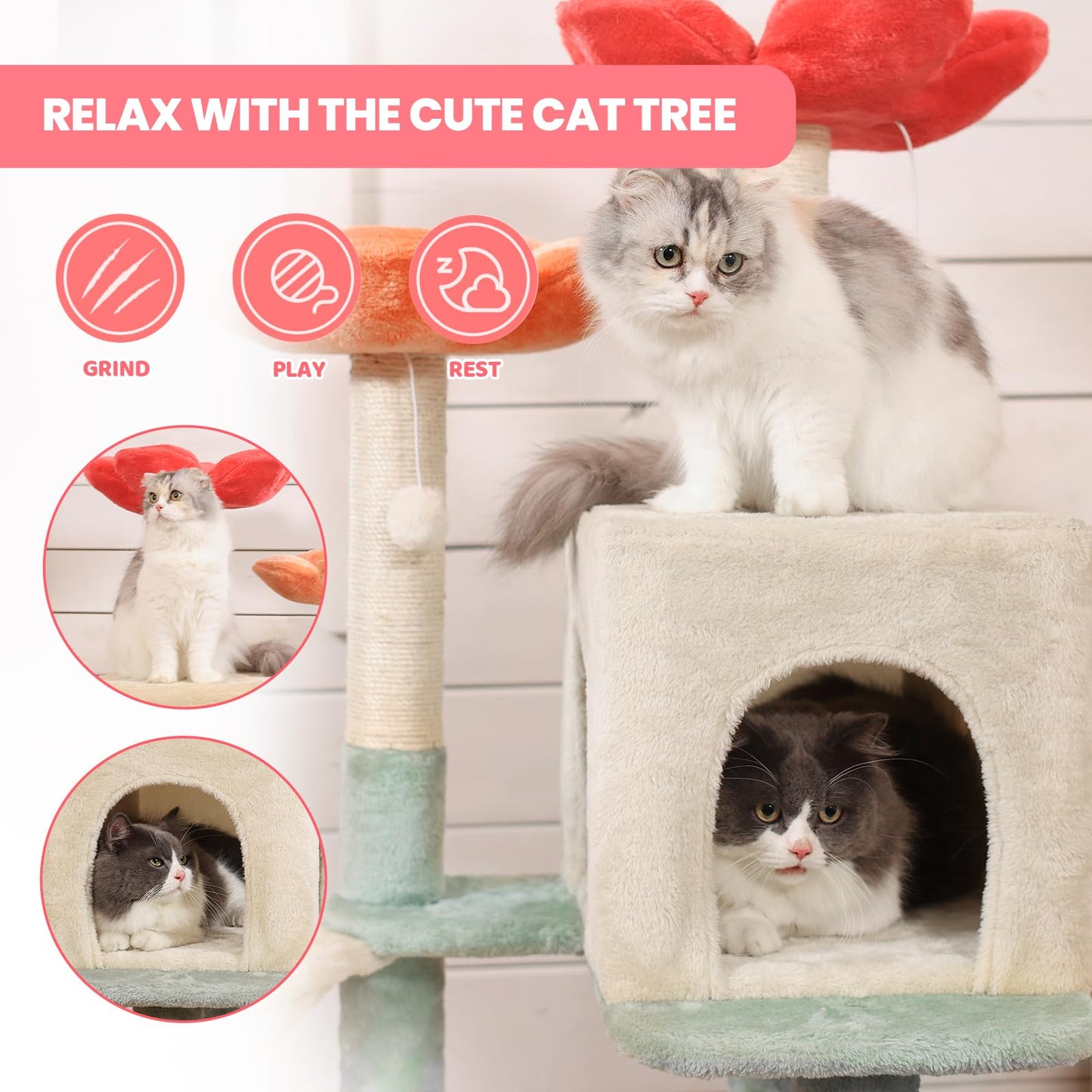 HYABi 48-inch Modern Cat Tree with Hanging Basket Flower Design Balls