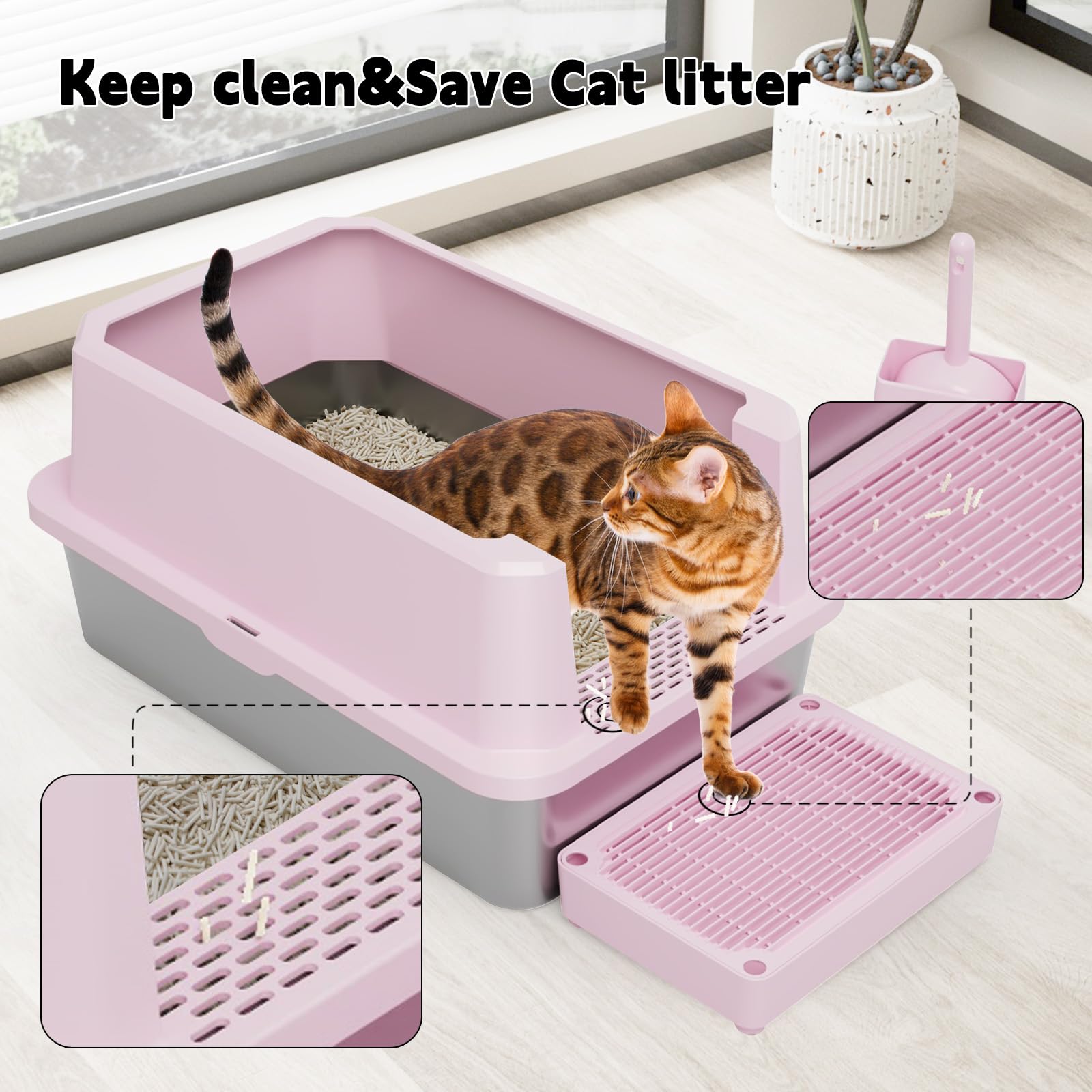 RIZZARI Large Cat Litter Box: Heavy-Duty 304 Stainless Steel Litter