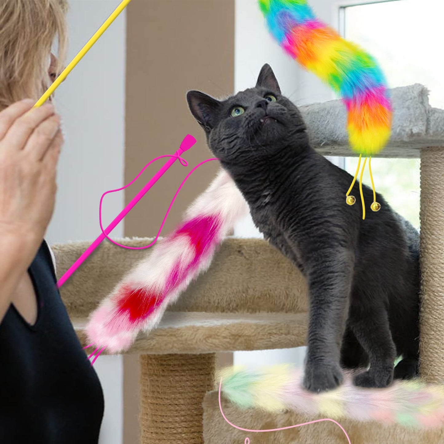 Lepawit 3 Pack Cat Wand Toy, Rainbow Cat Feather Toys with Bells Wand