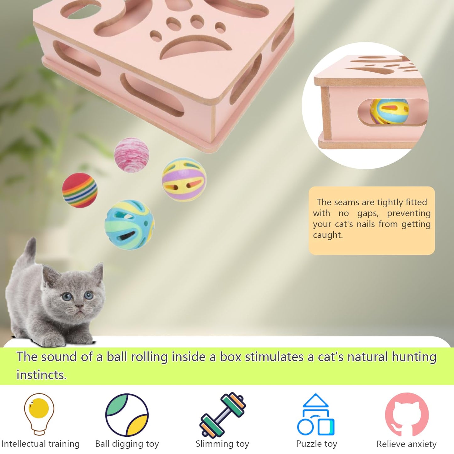 MUCAOL Interactive Wooden Cat Puzzle Toy Box Indoor Hunting Play Toy