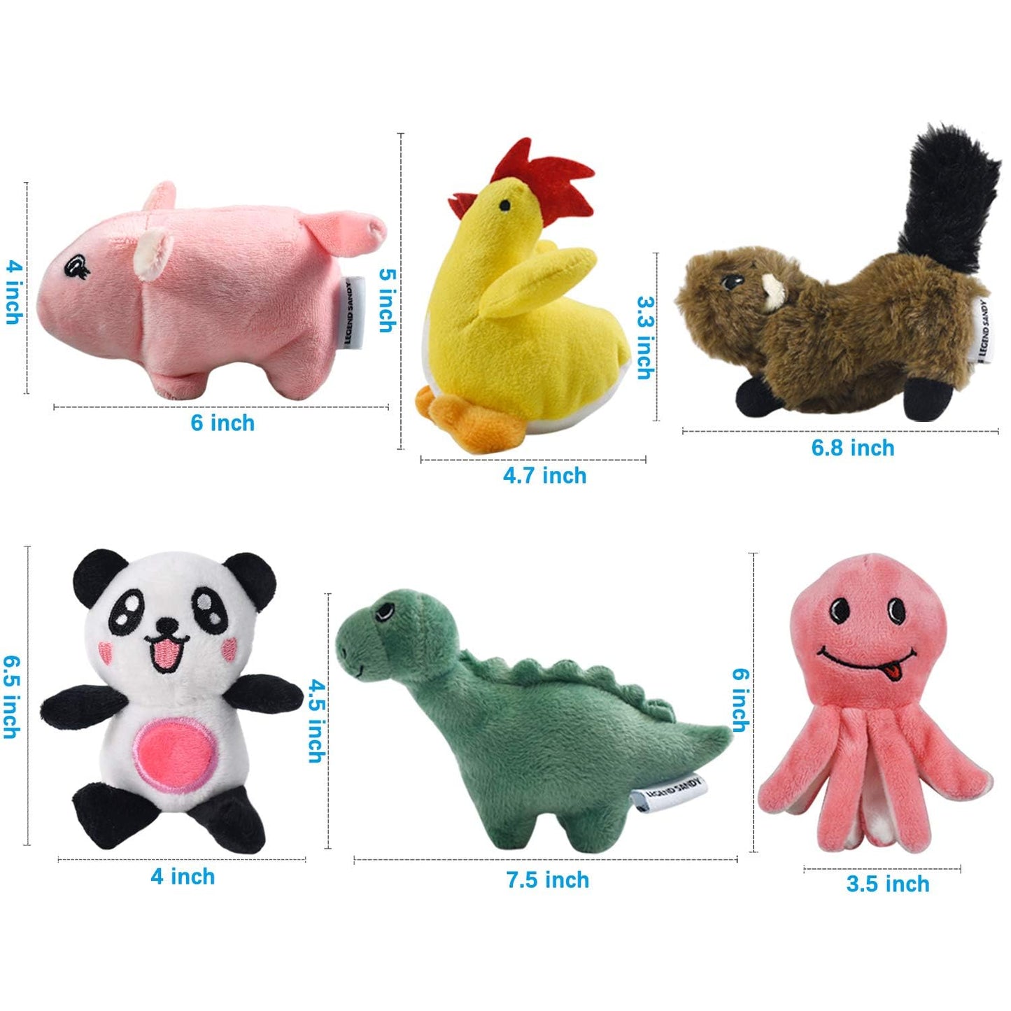 LEGEND SANDY Squeaky Plush Dog Toy 6 Pack for Puppy, Small Plush