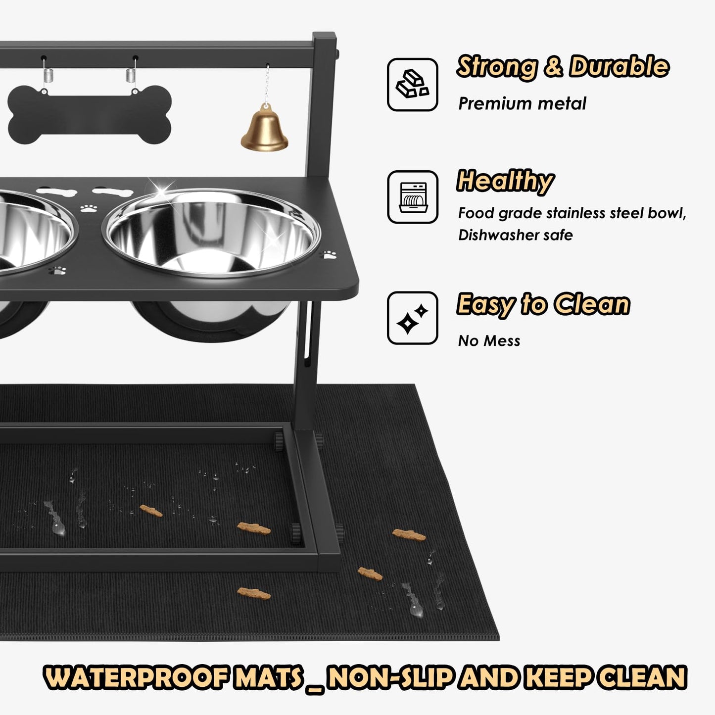 Elevated Dog Bowls with Slow Feeder and Spill Proof Mat, Mat