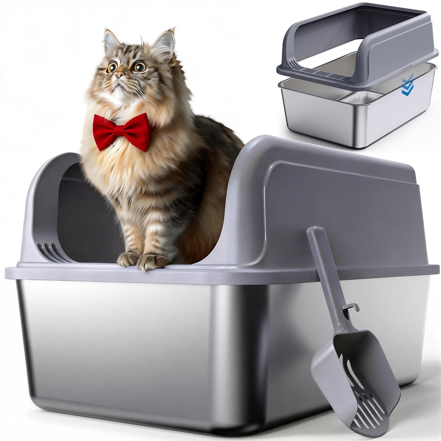 Powools Stainless Steel Cat Litter Box, Metal Litter Box with Box