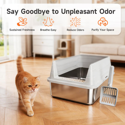 Stainless Steel Cat Litter Box, Odor Free Metal Litter Box