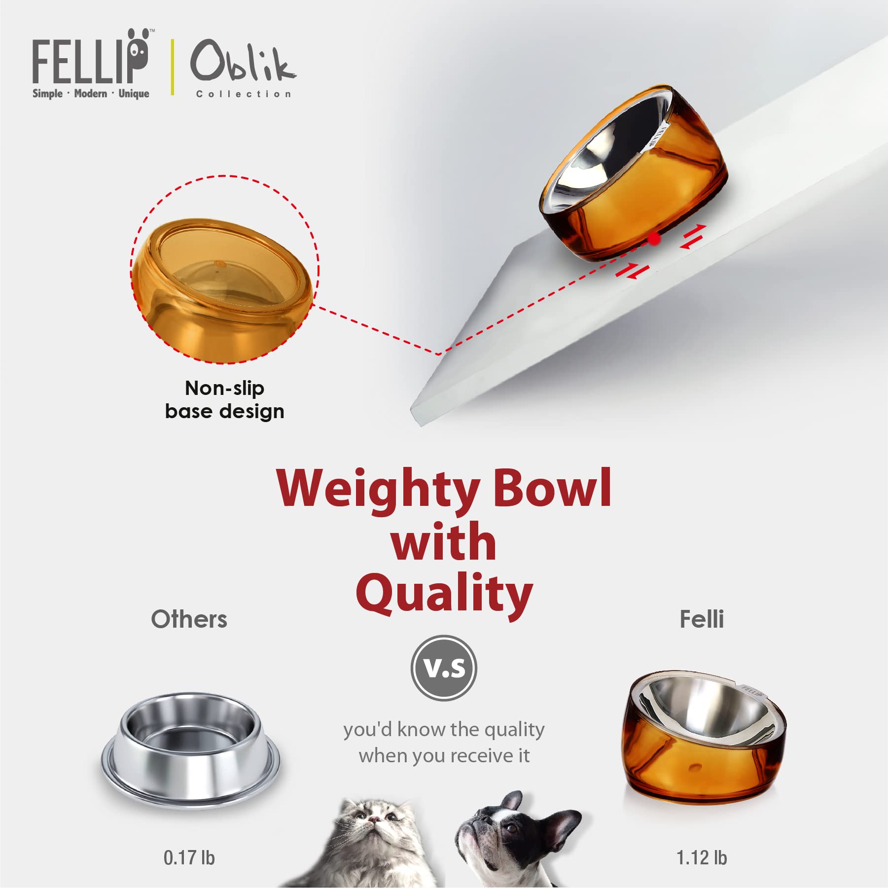 Felli Pet Oblik Whisker Fatigue Cat Food Bowl Raised Stainless Bowl