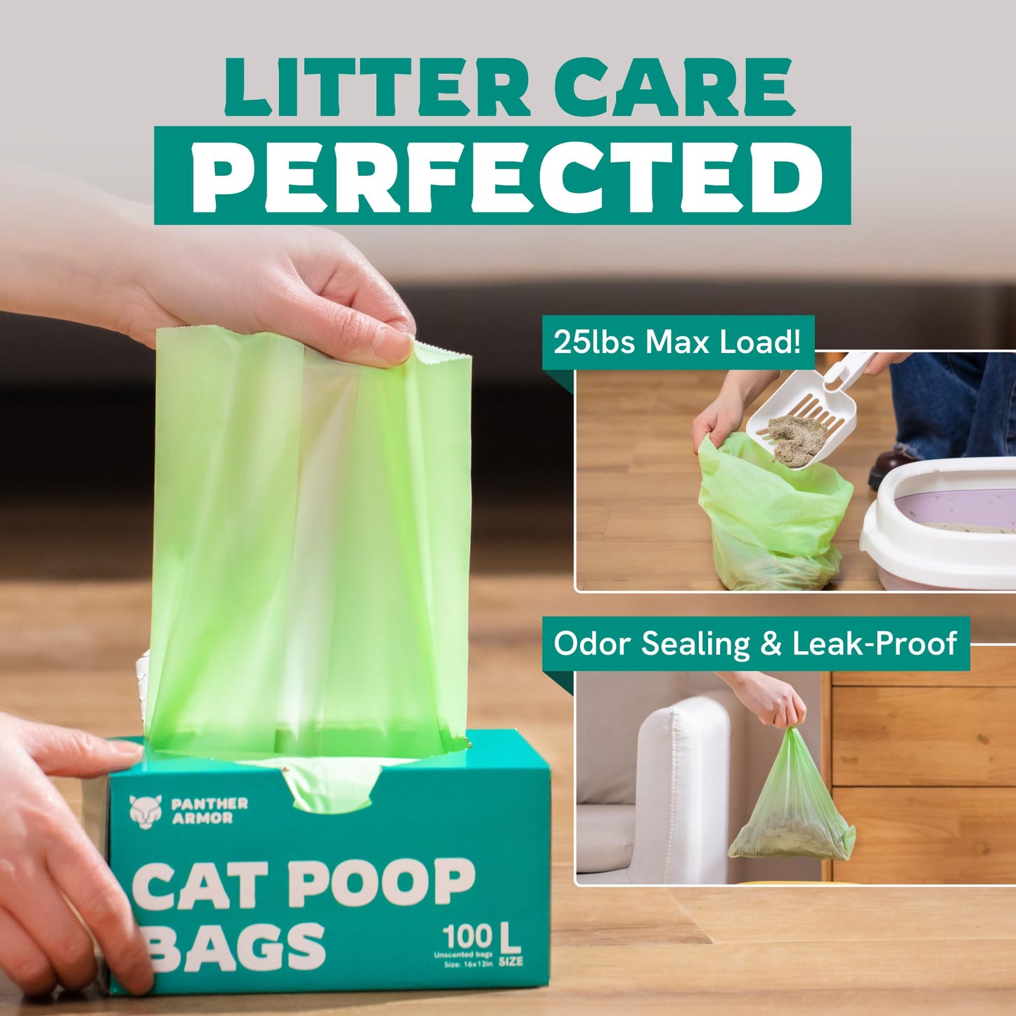Panther Armor Cat Litter Bags, 100 Large Compostable Unscented Box