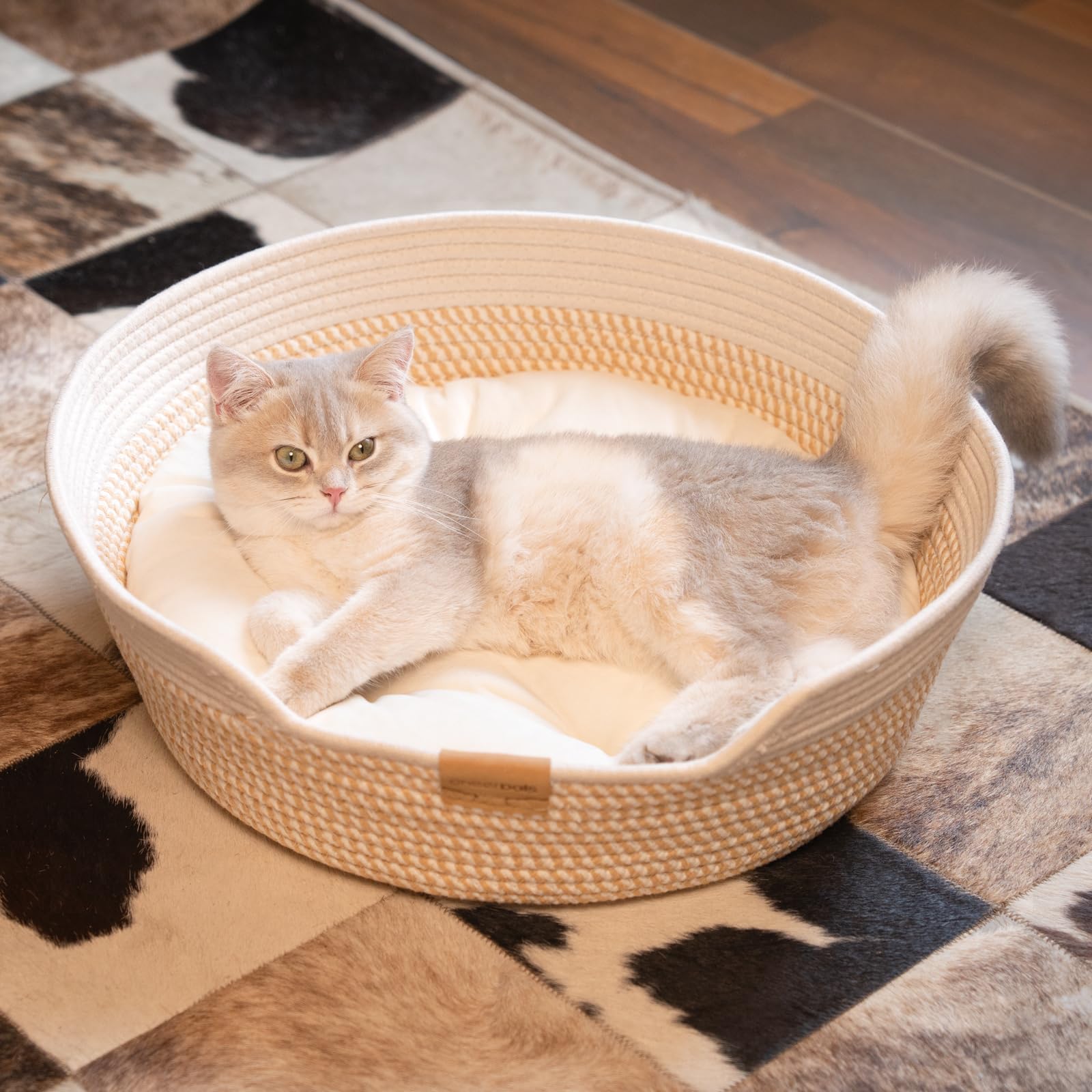 CHEERHOME PETS Cat Bed Basket with Cushion, Cotton Rope Woven Pet Bed