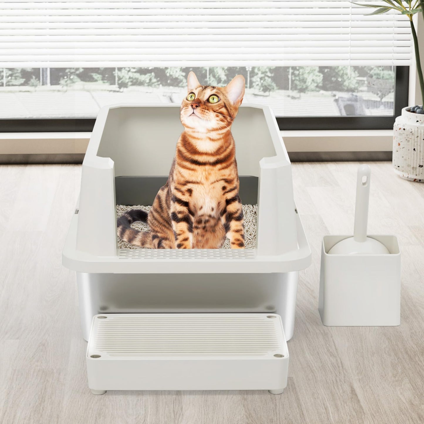 RIZZARI Open Cat Litter Box: Large Stainless Steel Litter Pan Litter