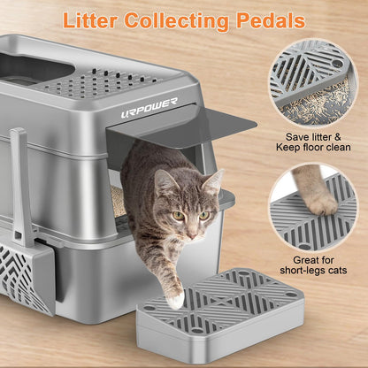URPOWER Stainless Steel Cat Litter Box with Lid Extra Large Box