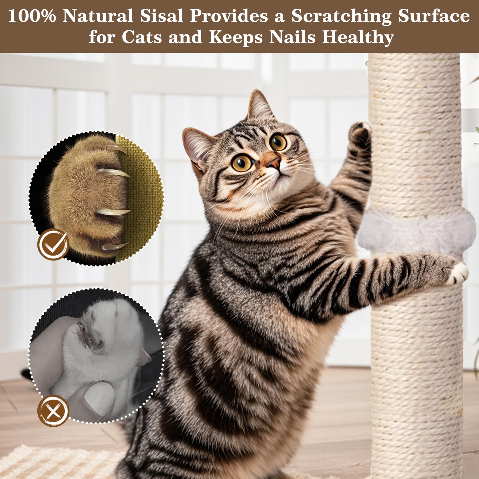 PAROTO Tall Cat Scratching Post, Sisal Cat Tree Tower Scratcher