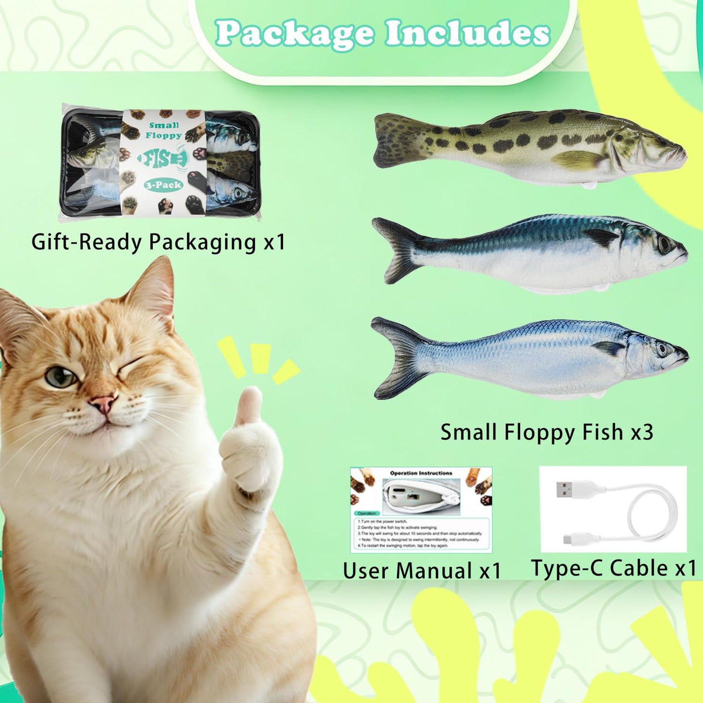 Satauko Realistic Floppy Fish Cat Toys, 3 Pack Mini-Sized, Moving Toys